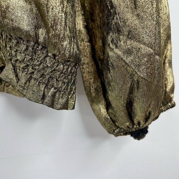 Chenault Size L Blouse Metallic Gold Smocked Waist Long Sleeves High Neck Top - Picture 5 of 9
